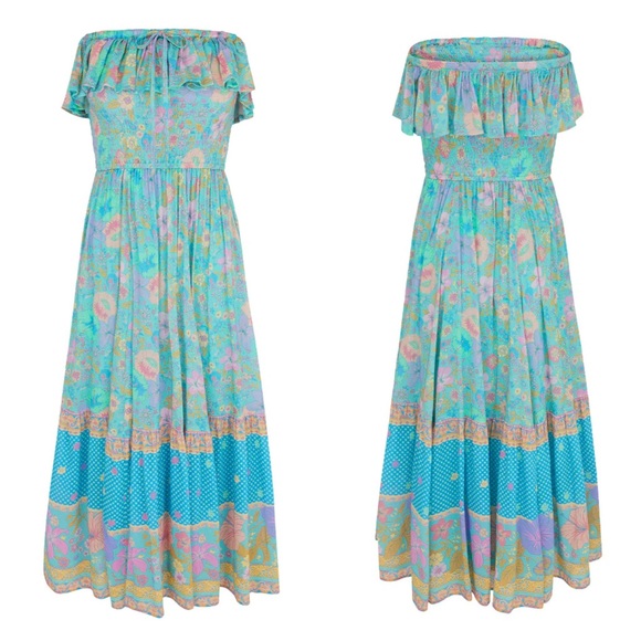 SPELL Hibiscus Lane Strapless Flutter Midi Dress Organic 
Lagoon Floral Print - Picture 10 of 17